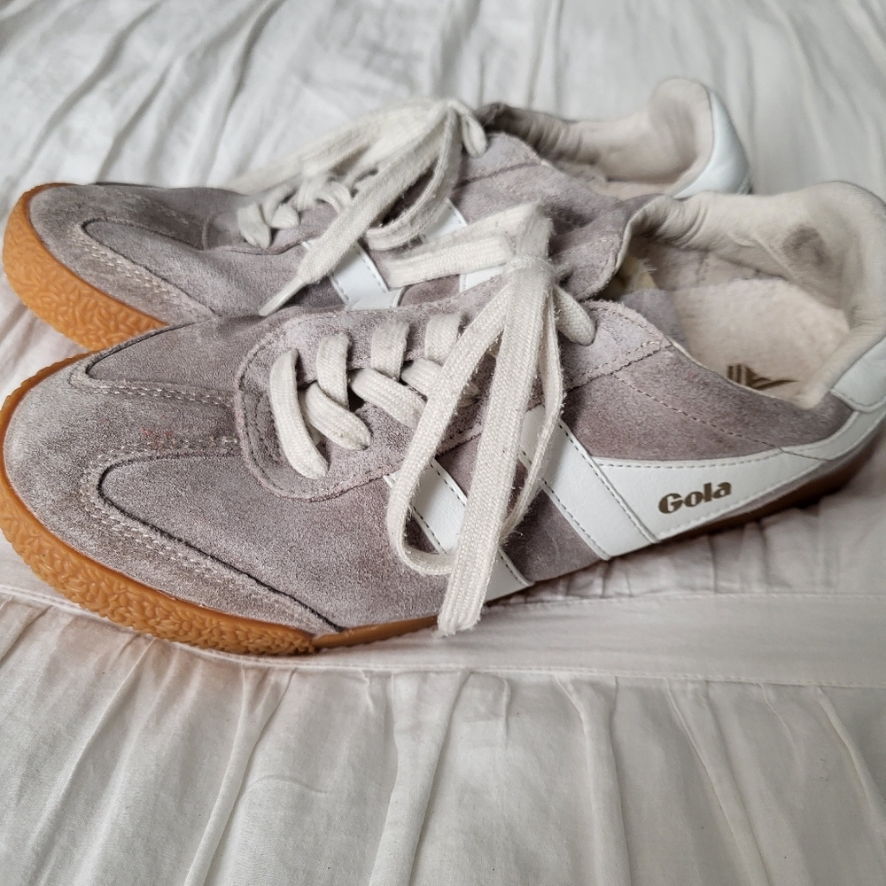 Gola Women's Gray Suede Sneakers with White Stripes and Gum Sole - Picture 2 of 10